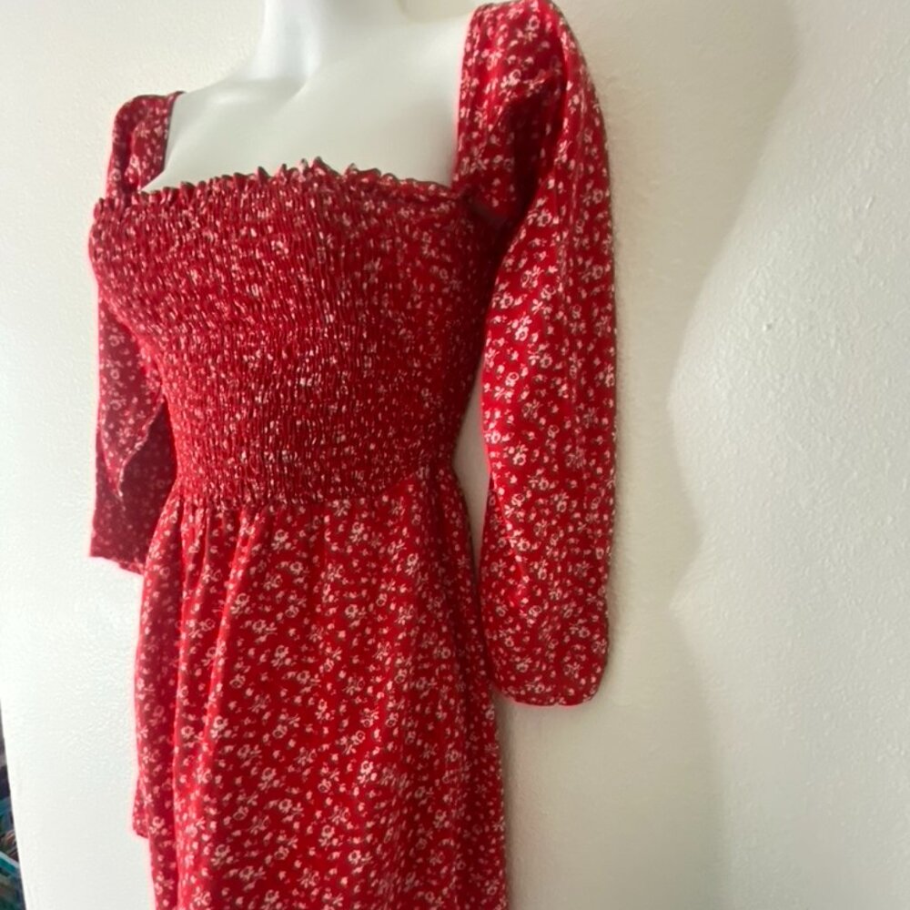 Dee Elle Red & White Floral Print Gathered Bodice 3/4 Sleeve Shorts Romper
